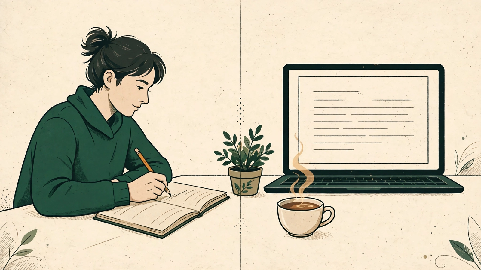 A flat-vector field-notes illustration of a writer’s desk split down the middle: a person writing by hand in a paper notebook on one side, a laptop showing a draft document on the other, with a plant and a cup of coffee between them.