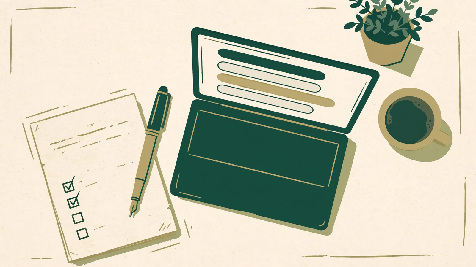 A field-notes illustration of a writer briefing an AI tool: a desk with a handwritten brief on a notepad, a fountain pen, a laptop showing a chat window, a potted plant, and a cup of coffee.