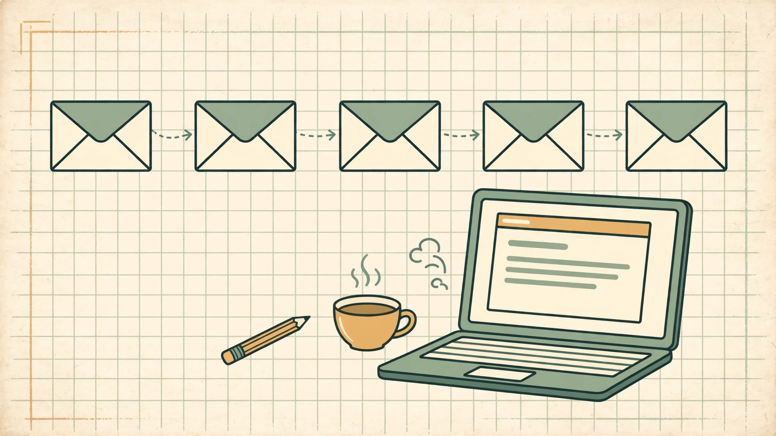 A flat-vector field-notes illustration of five envelopes arranged in a sequence connected by dotted arrows, beside a laptop showing a draft email, a pencil, and a cup of coffee.