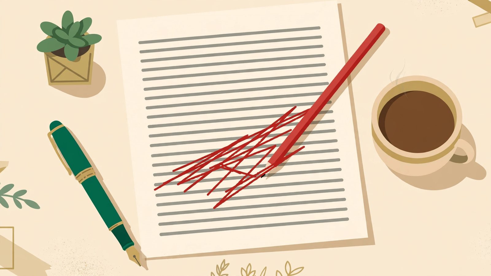A field-notes illustration of a robotic draft: a page of identical grey lines with a red pencil striking through them, a fountain pen, a potted plant, and a cup of coffee.