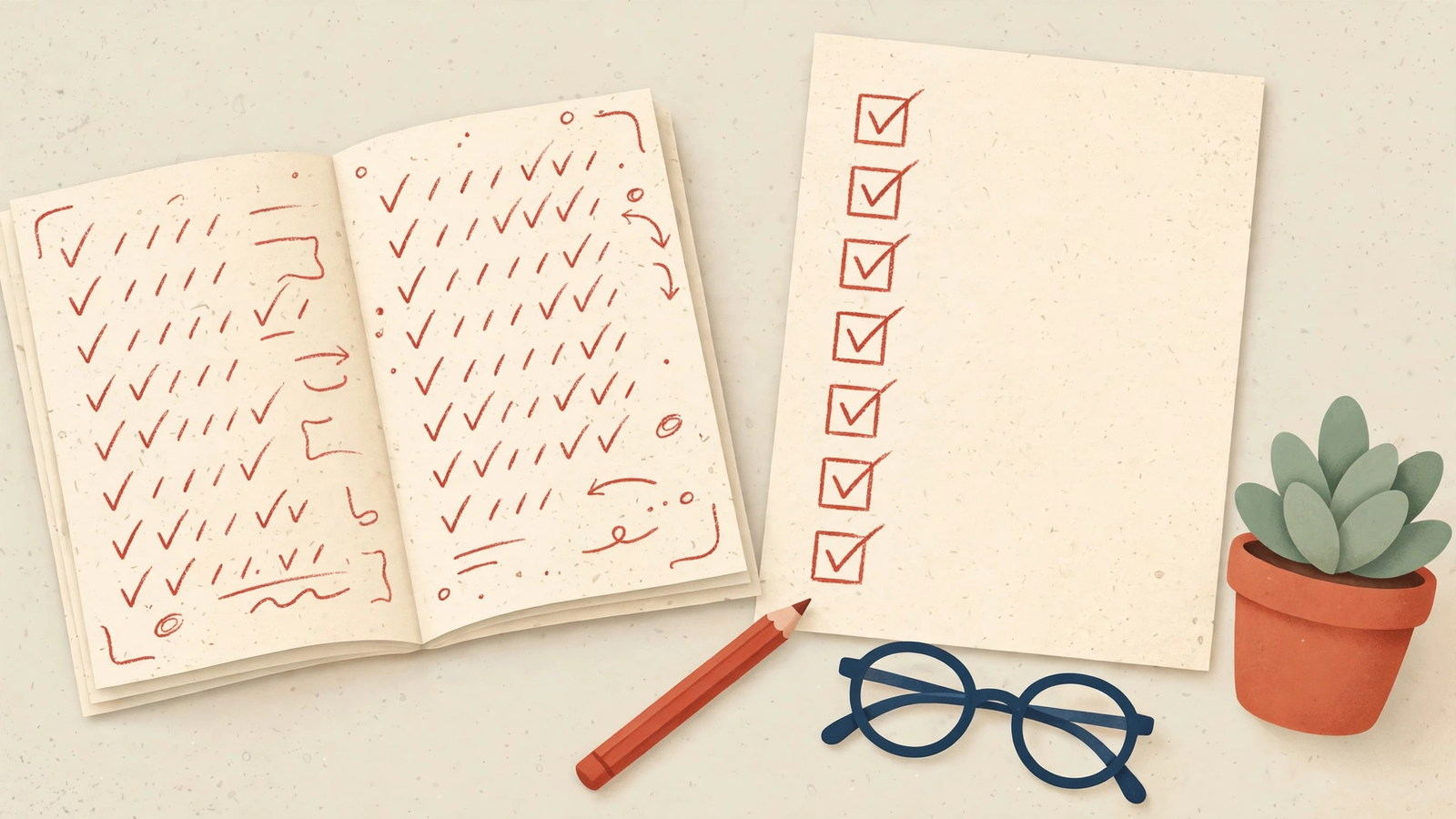 A flat-vector field-notes illustration of an open manuscript covered in red pencil checkmarks beside a checklist sheet with ticked boxes, a red pencil, reading glasses, and a small potted plant.