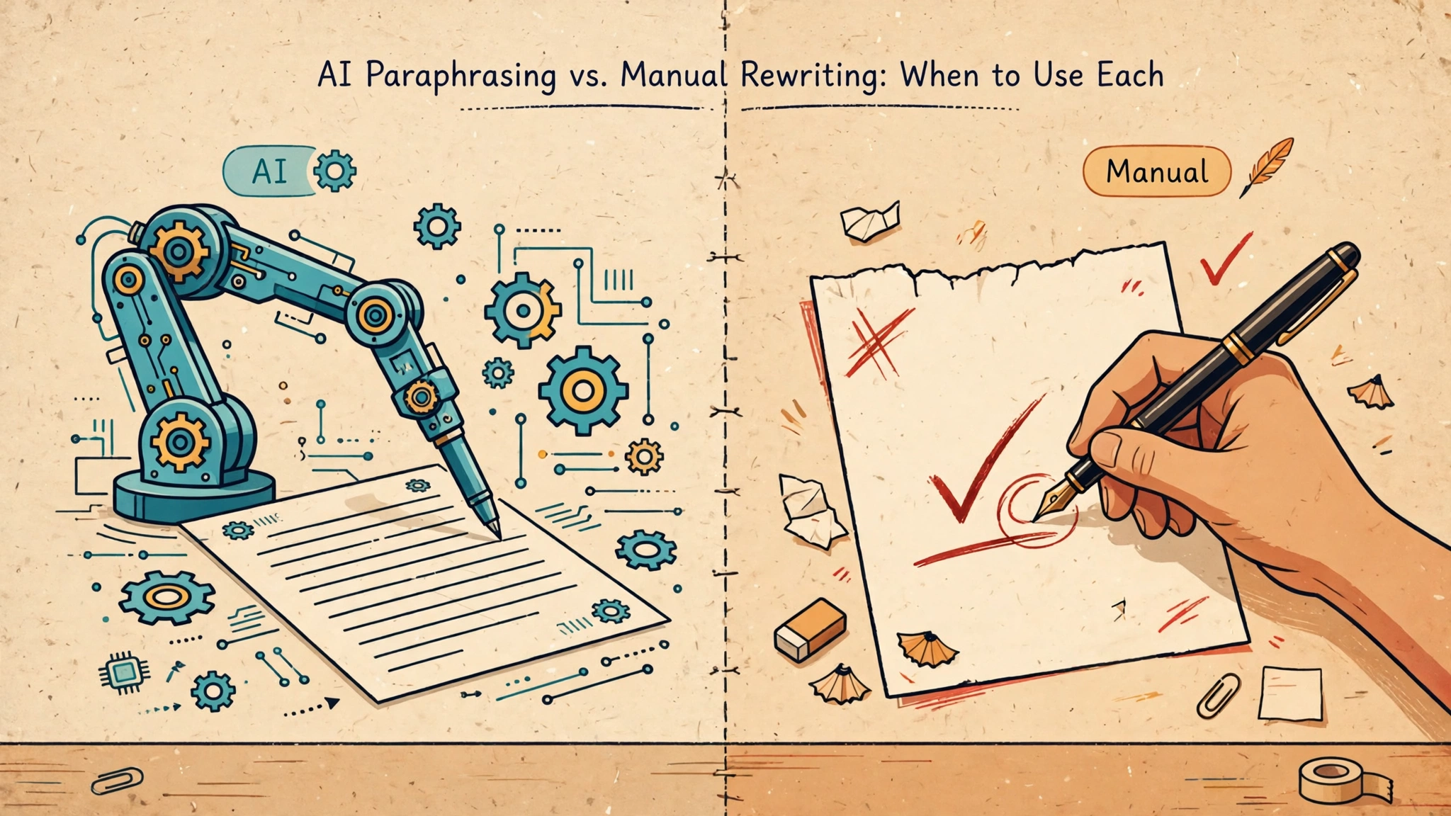 An editorial illustration comparing AI paraphrasing — a robotic arm rewriting text with gears — against manual rewriting — a hand with a fountain pen editing a page with bold red marks.