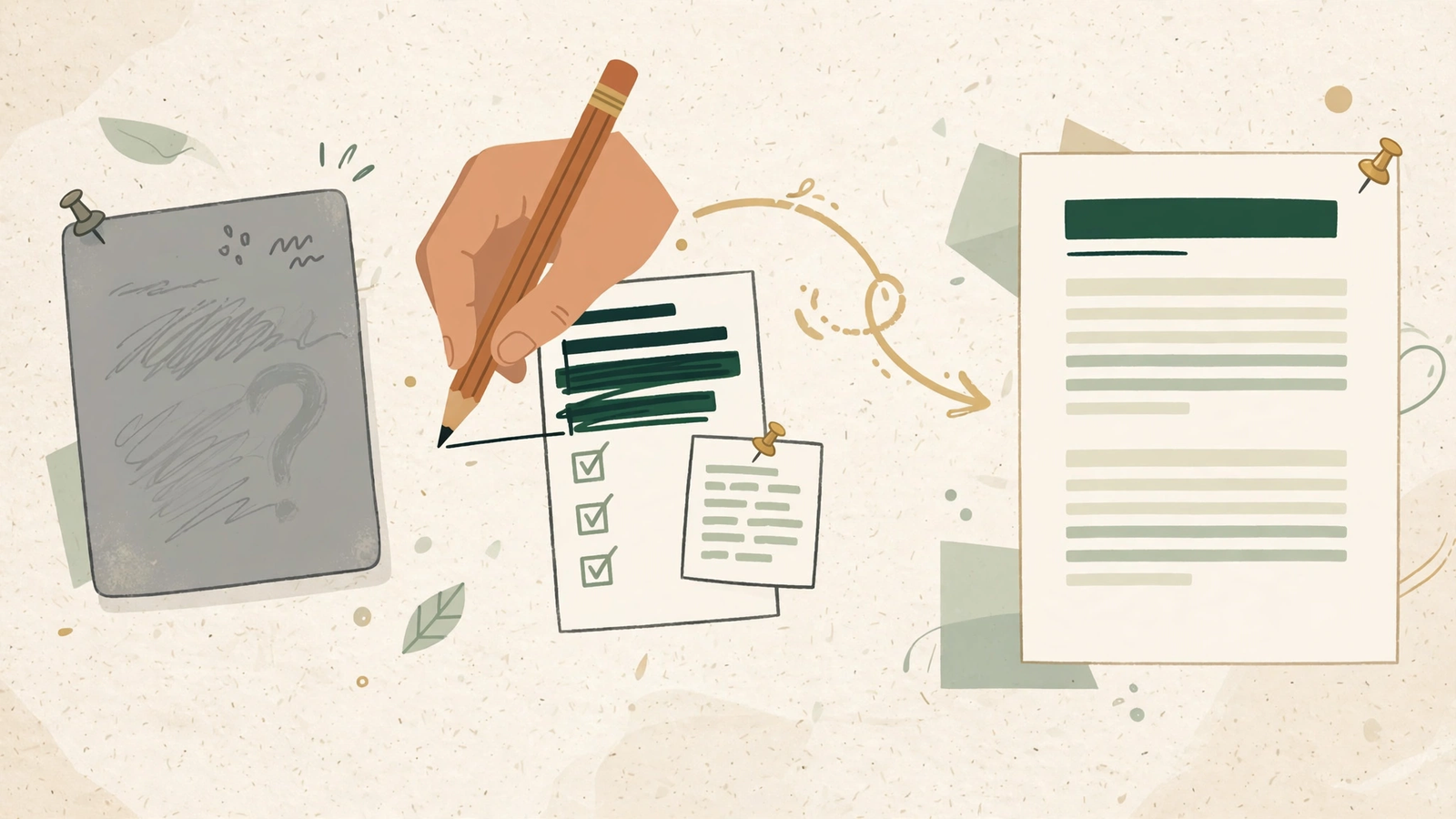 An editorial illustration showing a vague prompt card being rewritten by hand into specific instructions, producing a clean draft document.