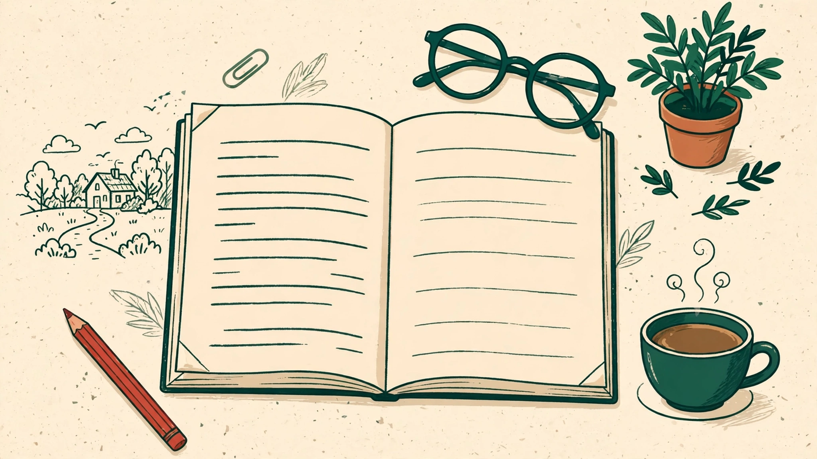 A flat-vector field-notes illustration of a writer’s desk with an open manuscript page showing a small hand-drawn story scene in the margin, a red pencil, reading glasses, a coffee cup, and a small potted plant.