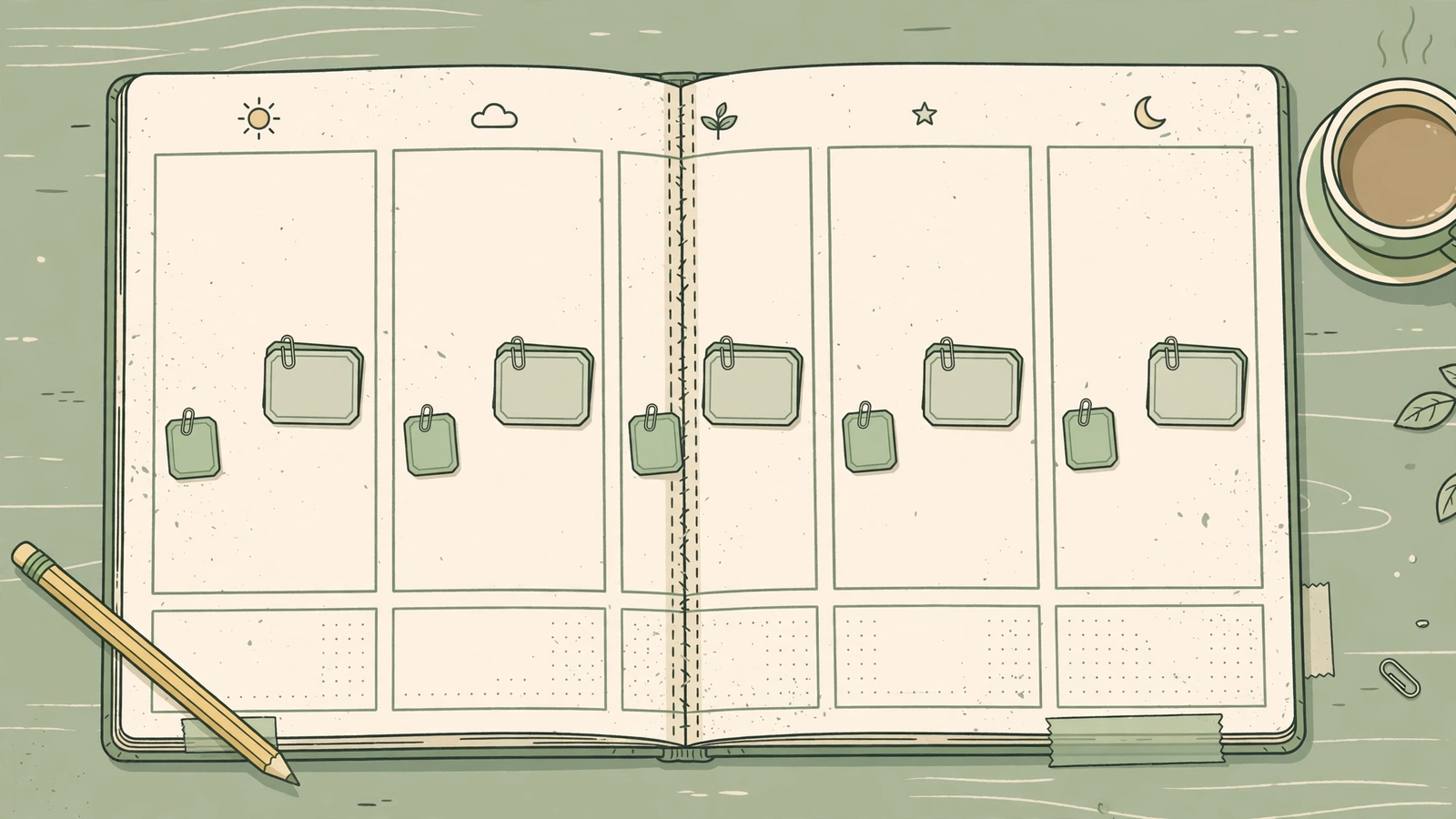 A flat-vector field-notes illustration of an open weekly planner with five day columns, each holding a small writing task card, with a pencil and a cup of coffee beside it.