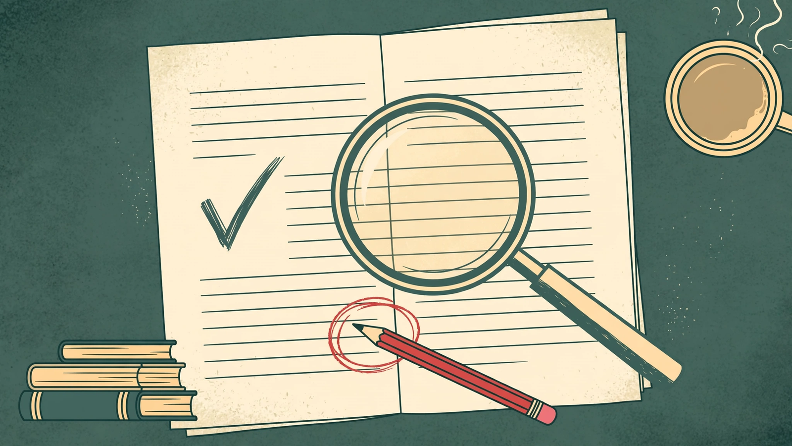 A flat-vector field-notes illustration of a writer’s desk: an open printed draft page, a magnifying glass held over a paragraph with a checkmark beside it, a red pencil circling a statistic, a stack of reference books, and a cup of coffee.