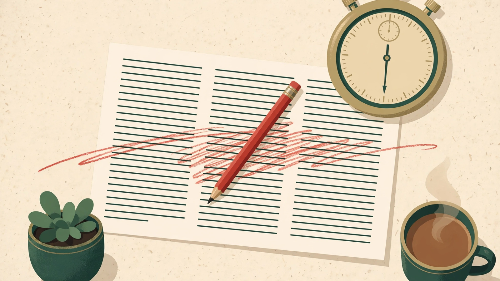 A field-notes illustration of a timed edit: a draft page with three marked passes, a stopwatch showing thirty minutes, a red pencil crossing out a cliché, a plant and a mug at the edge of the desk.