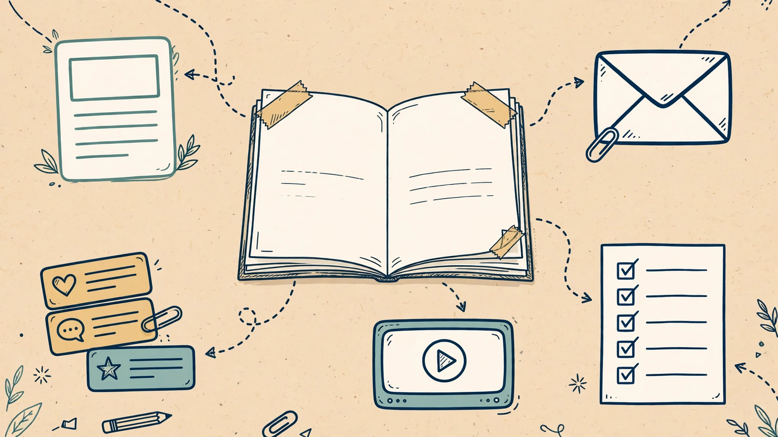 A flat-vector field-notes illustration of one open draft document in the centre, branching out into five formats: a blog article page, an email envelope, social media post cards, a video player, and a one-page checklist.