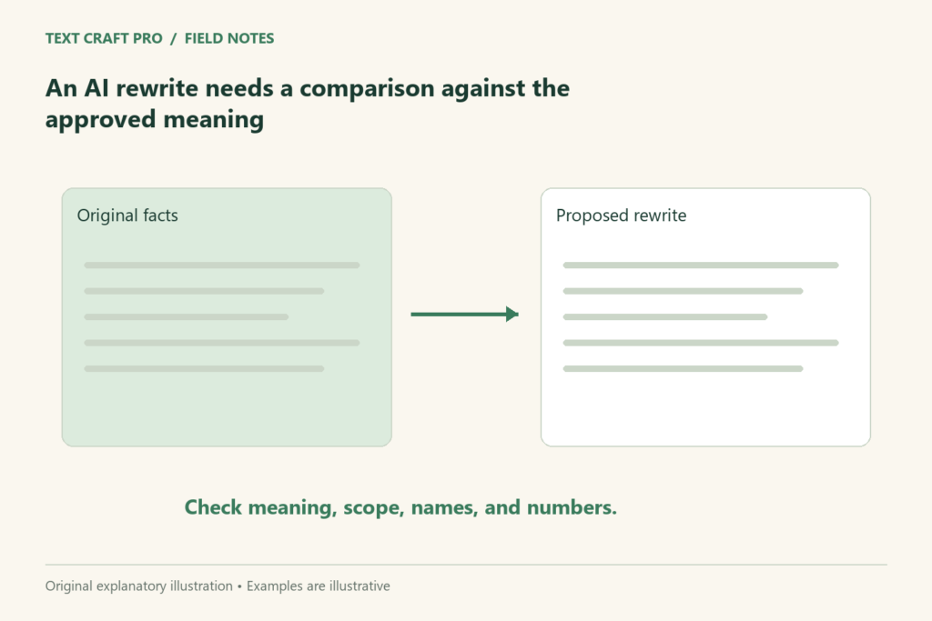 An AI rewrite needs a comparison against the approved meaning