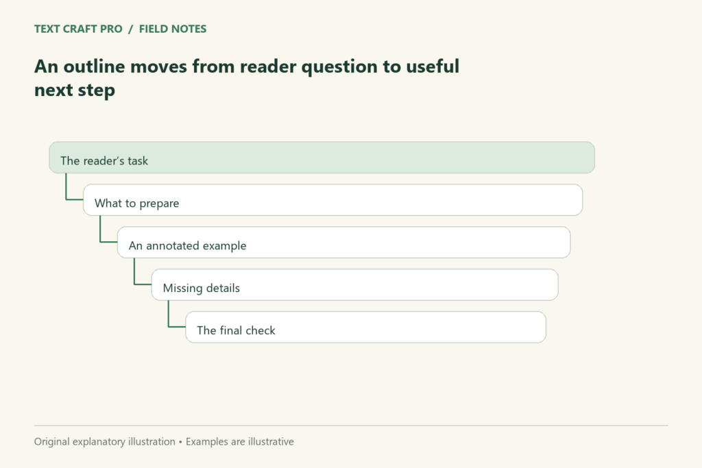An outline moves from reader question to useful next step