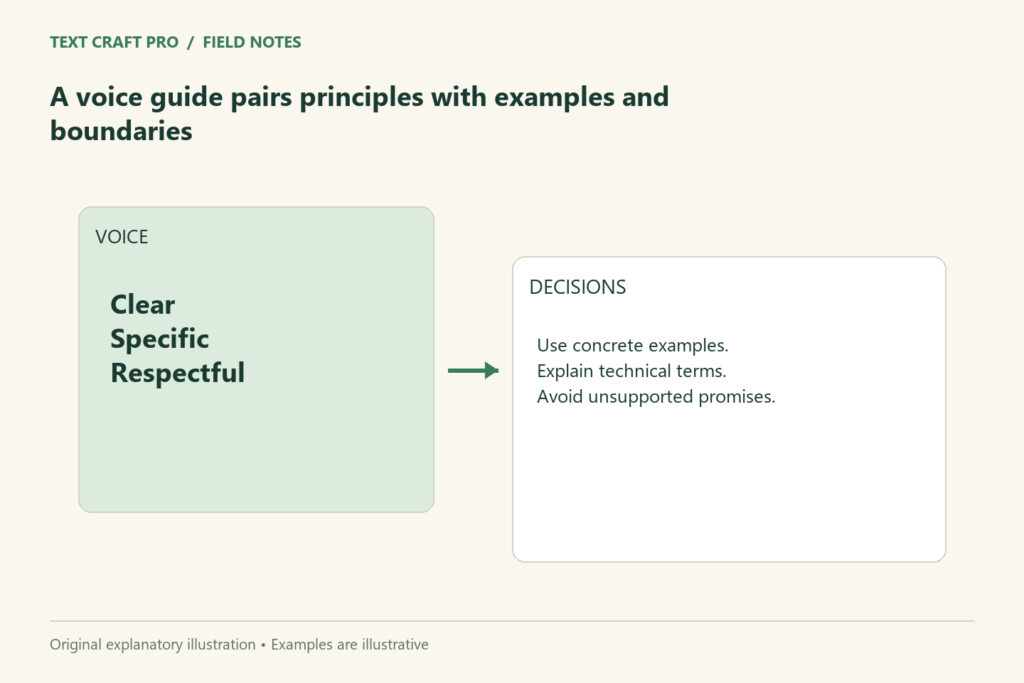 A voice guide pairs principles with examples and boundaries