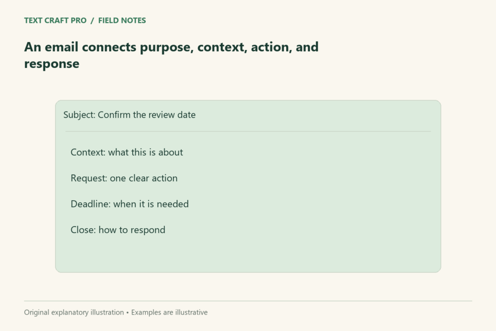 An email connects purpose, context, action, and response