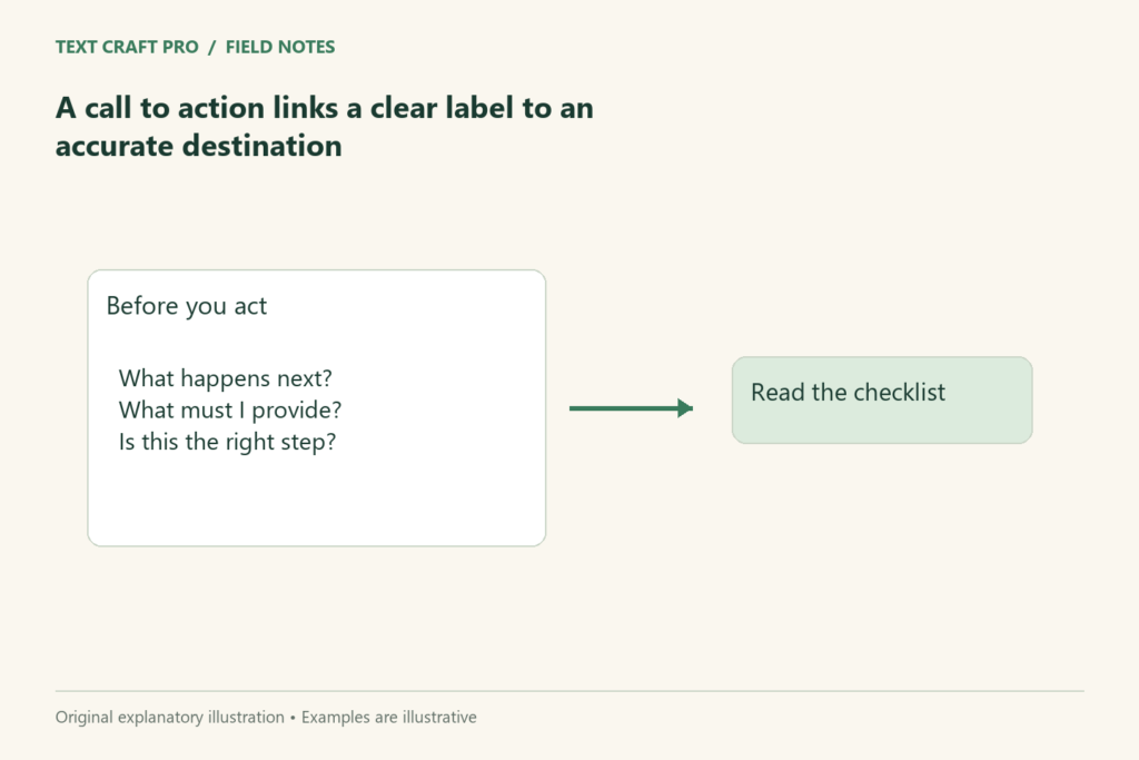 A call to action links a clear label to an accurate destination