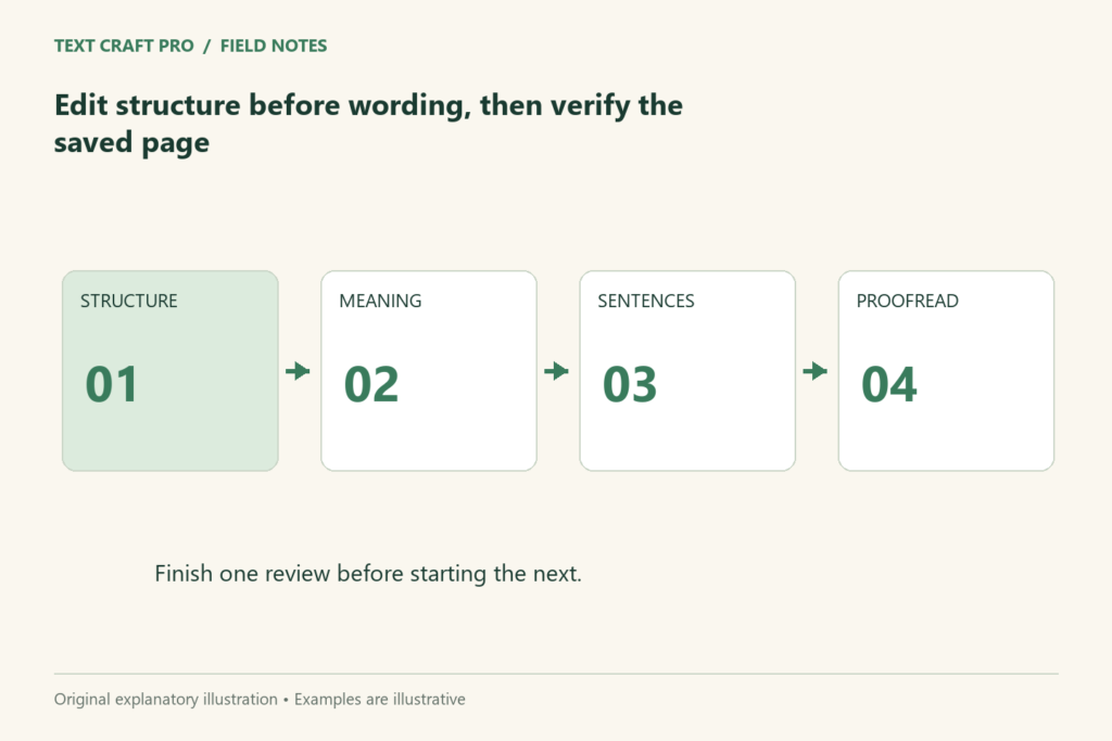 Edit structure before wording, then verify the saved page