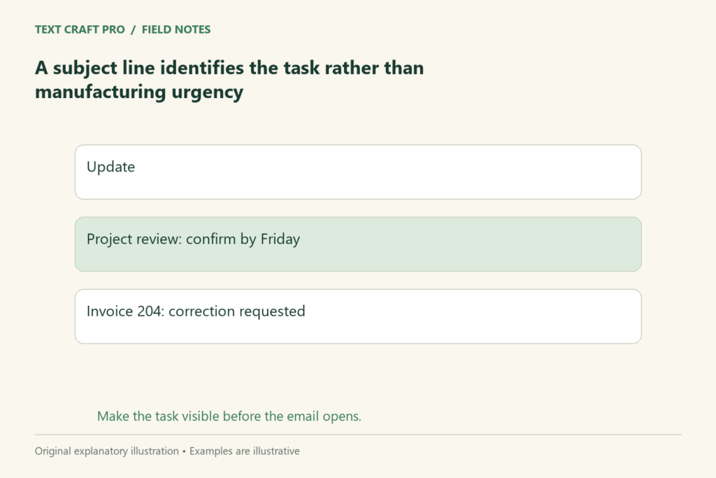 A subject line identifies the task rather than manufacturing urgency