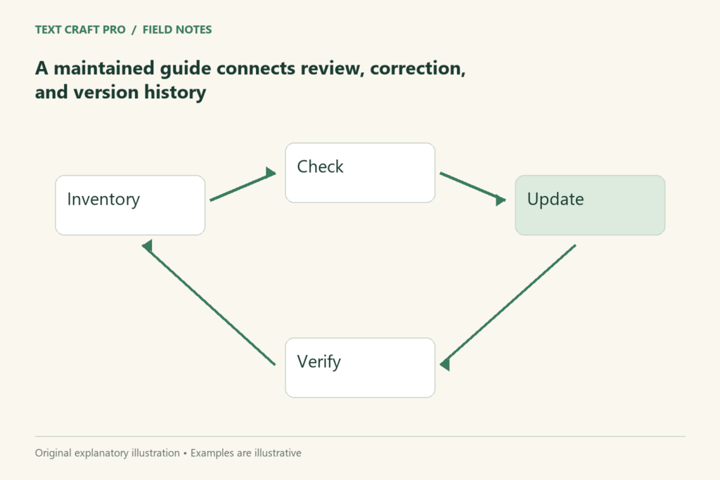 A maintained guide connects review, correction, and version history