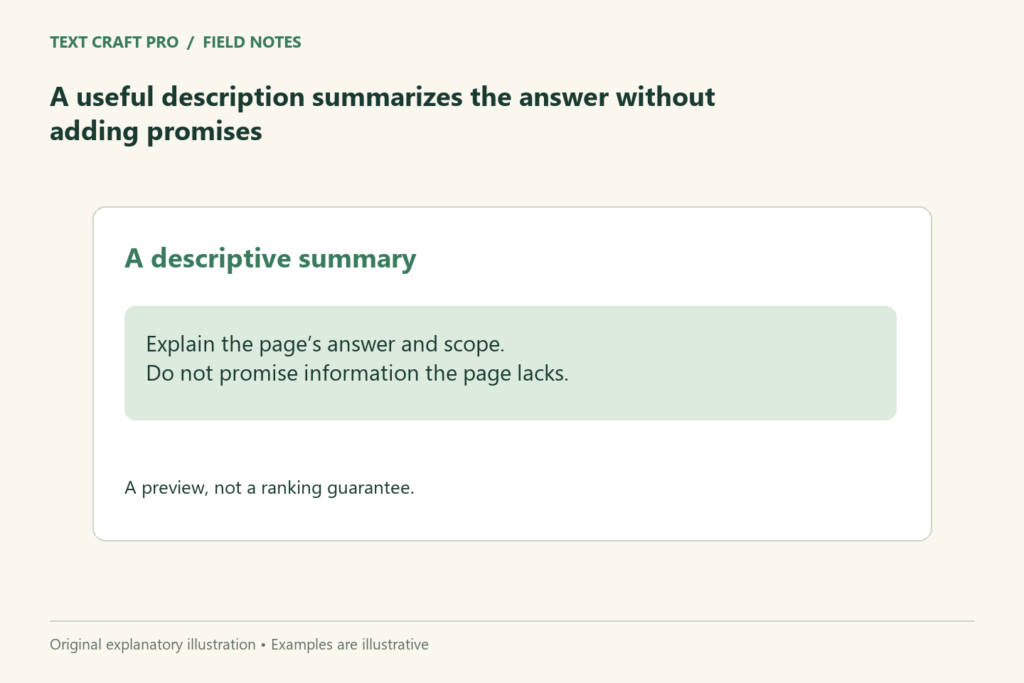 A useful description summarizes the answer without adding promises