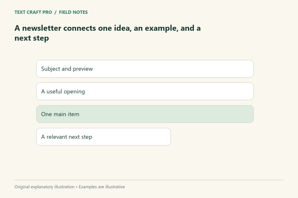 A newsletter connects one idea, an example, and a next step