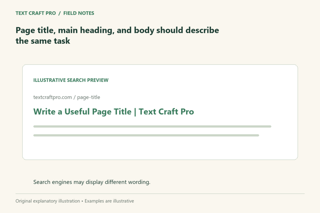 Page title, main heading, and body should describe the same task