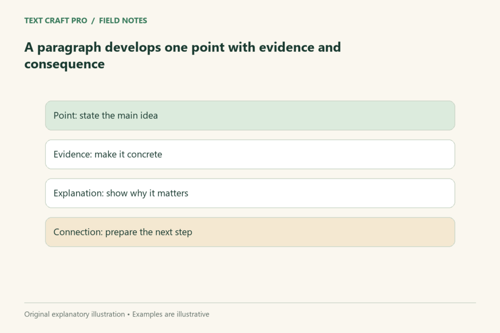 A paragraph develops one point with evidence and consequence