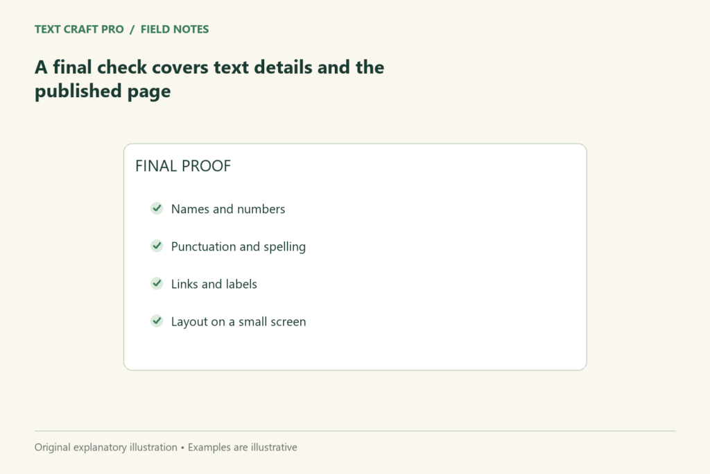 A final check covers text details and the published page