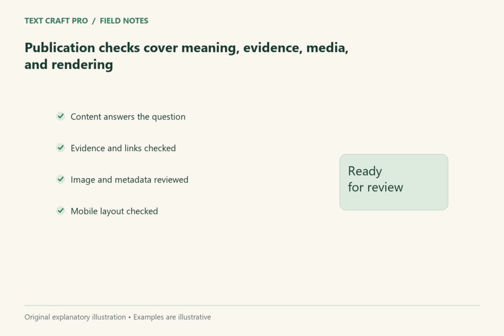 Publication checks cover meaning, evidence, media, and rendering