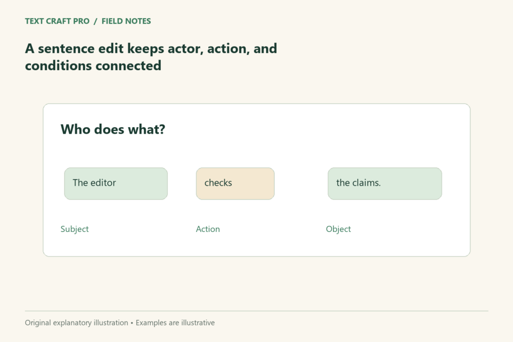 A sentence edit keeps actor, action, and conditions connected