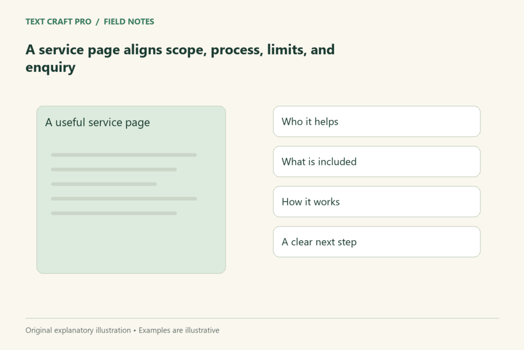 A service page aligns scope, process, limits, and enquiry