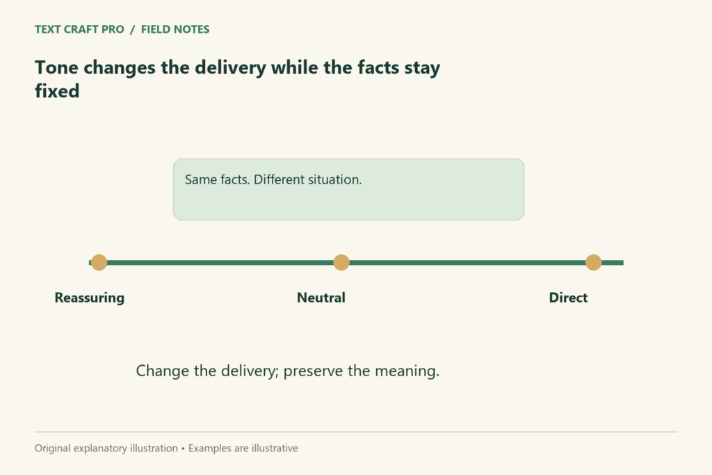 Tone changes the delivery while the facts stay fixed
