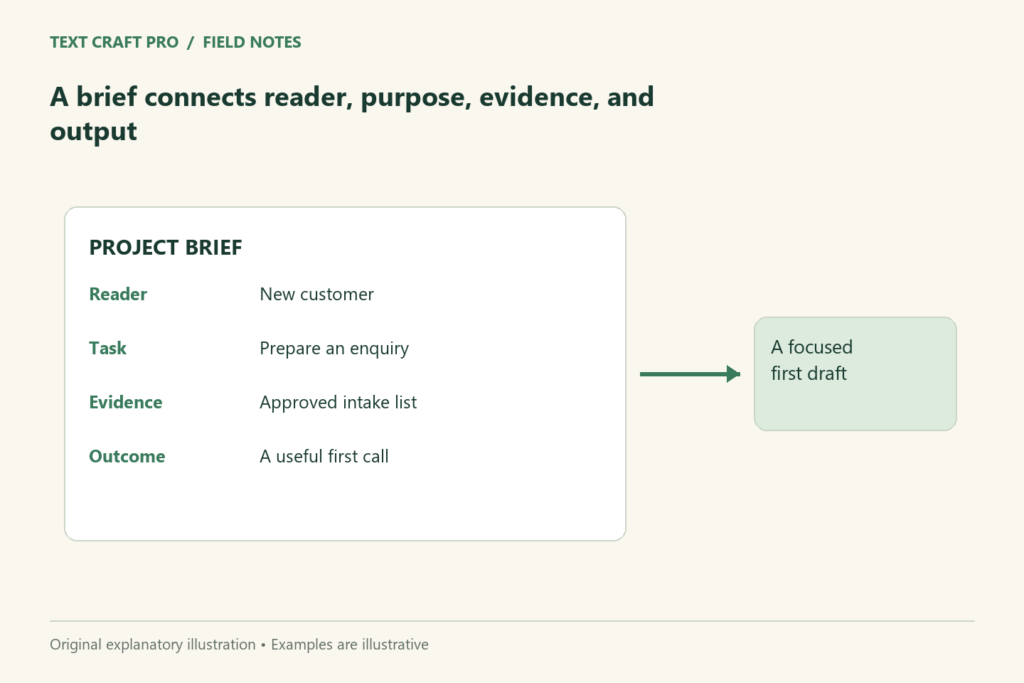 A brief connects reader, purpose, evidence, and output